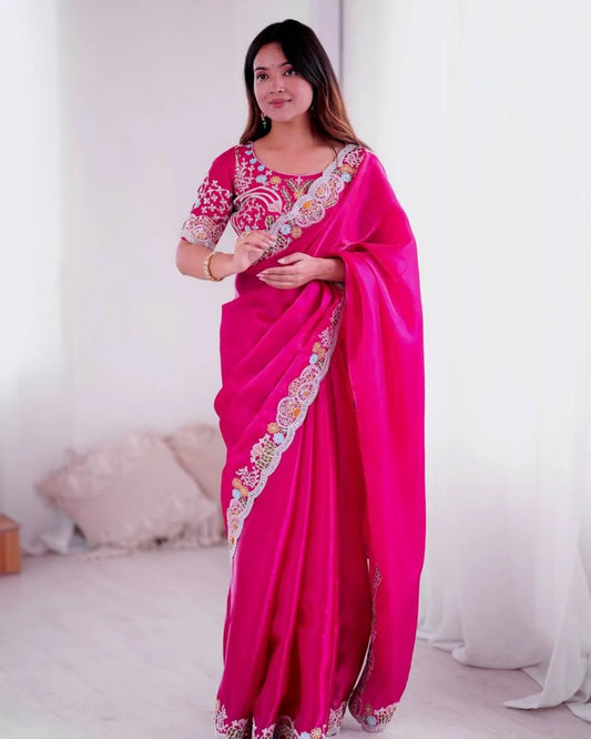 Elegant Fuchsia Pink Embroidered Silk Saree with Designer Blouse