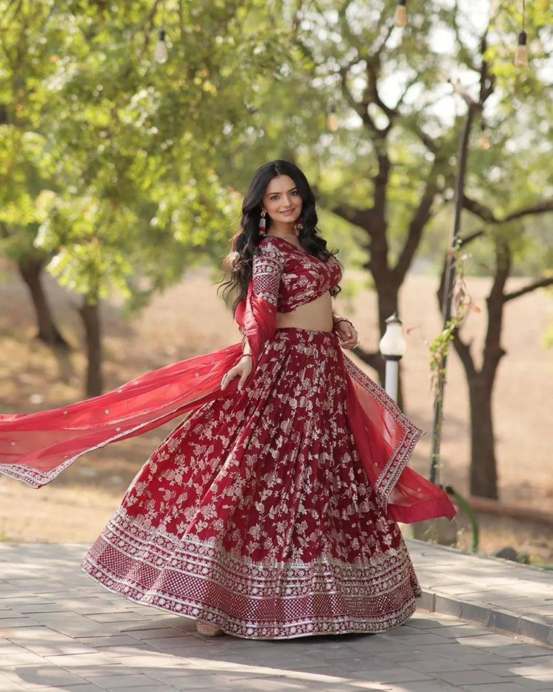 Maroon Floral Embroidered Lehenga Set with Net Dupatta