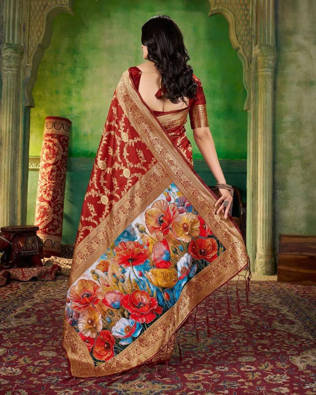 Royal Maroon Banarasi Silk Saree with Floral Pallu & Zari Embroidery