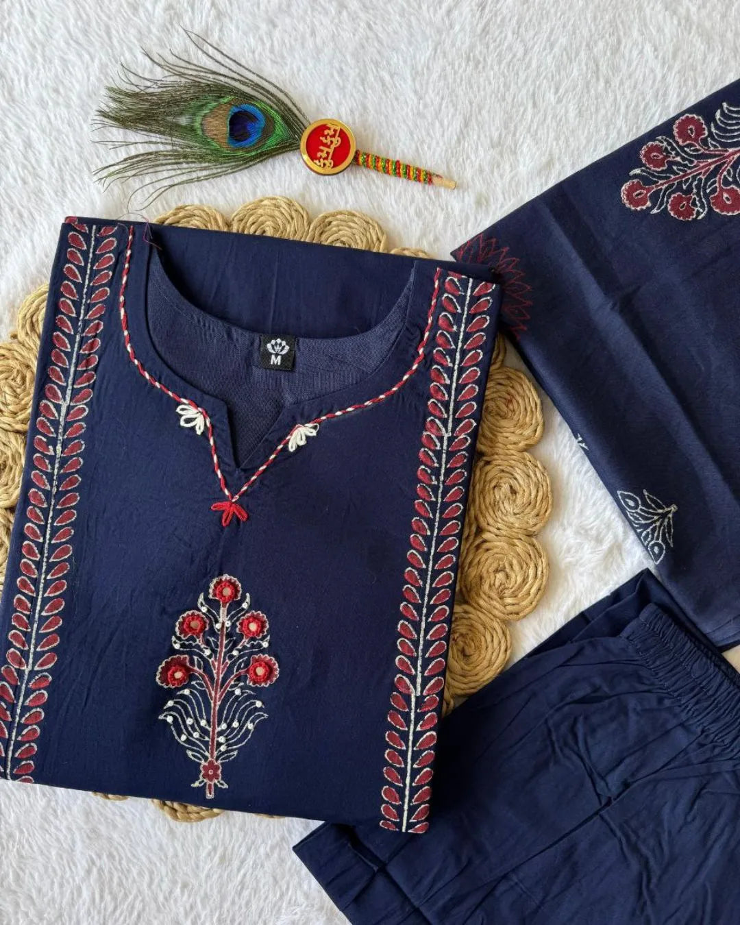 Navy Blue Mirror Work Cotton Kurta Pant Dupatta Set