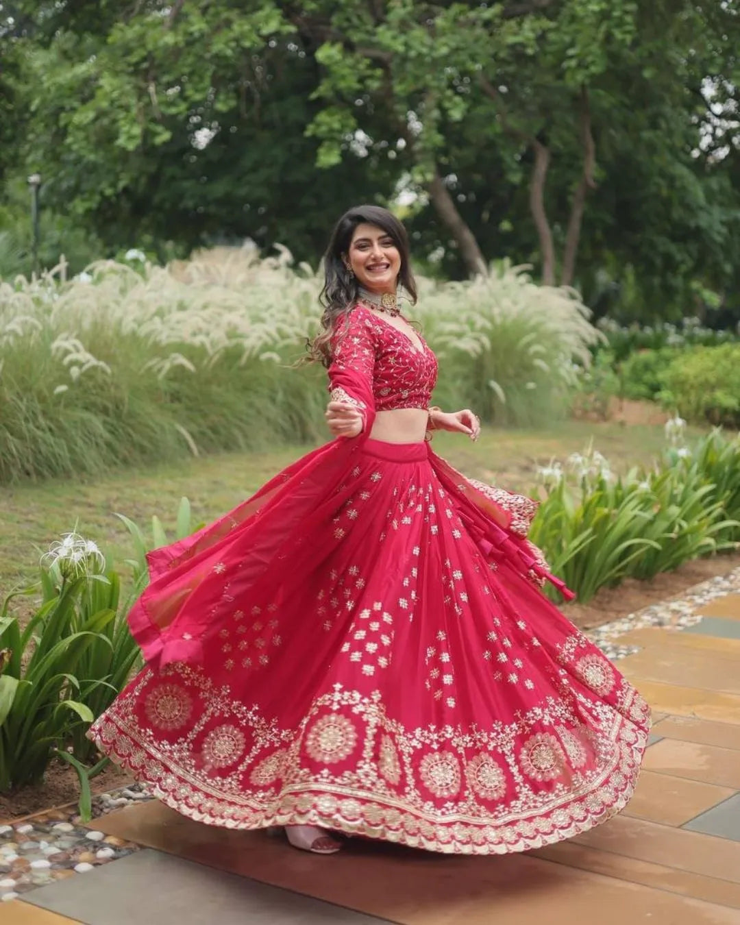 Cherry Red Embroidered Georgette Lehenga Set with Mirror and Zari Work