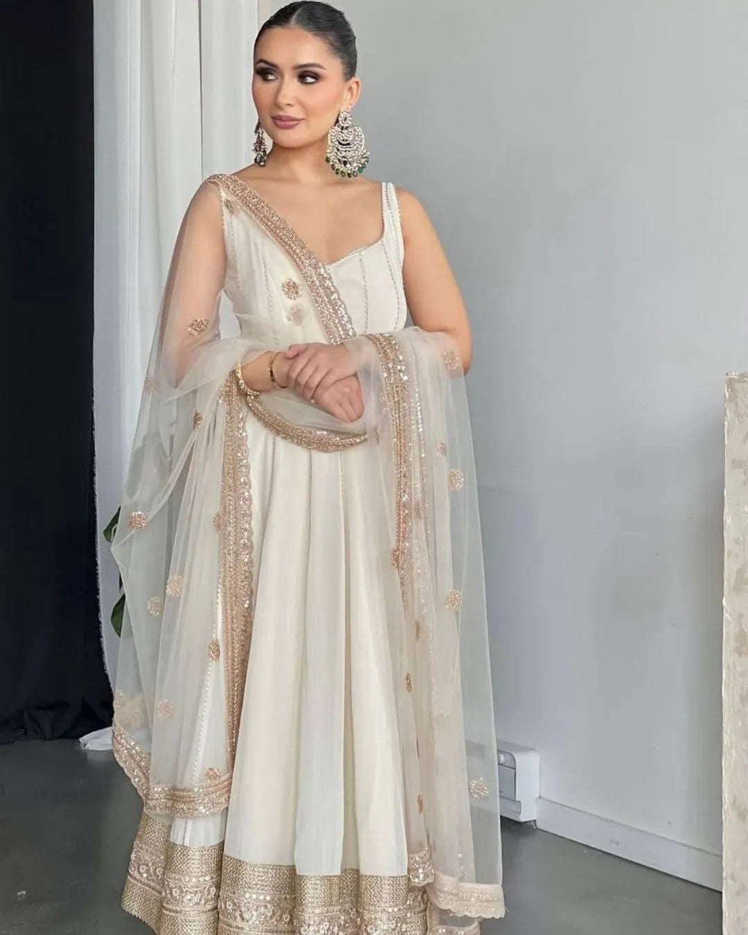 Ivory Gold Embellished Anarkali Gown with Net Dupatta