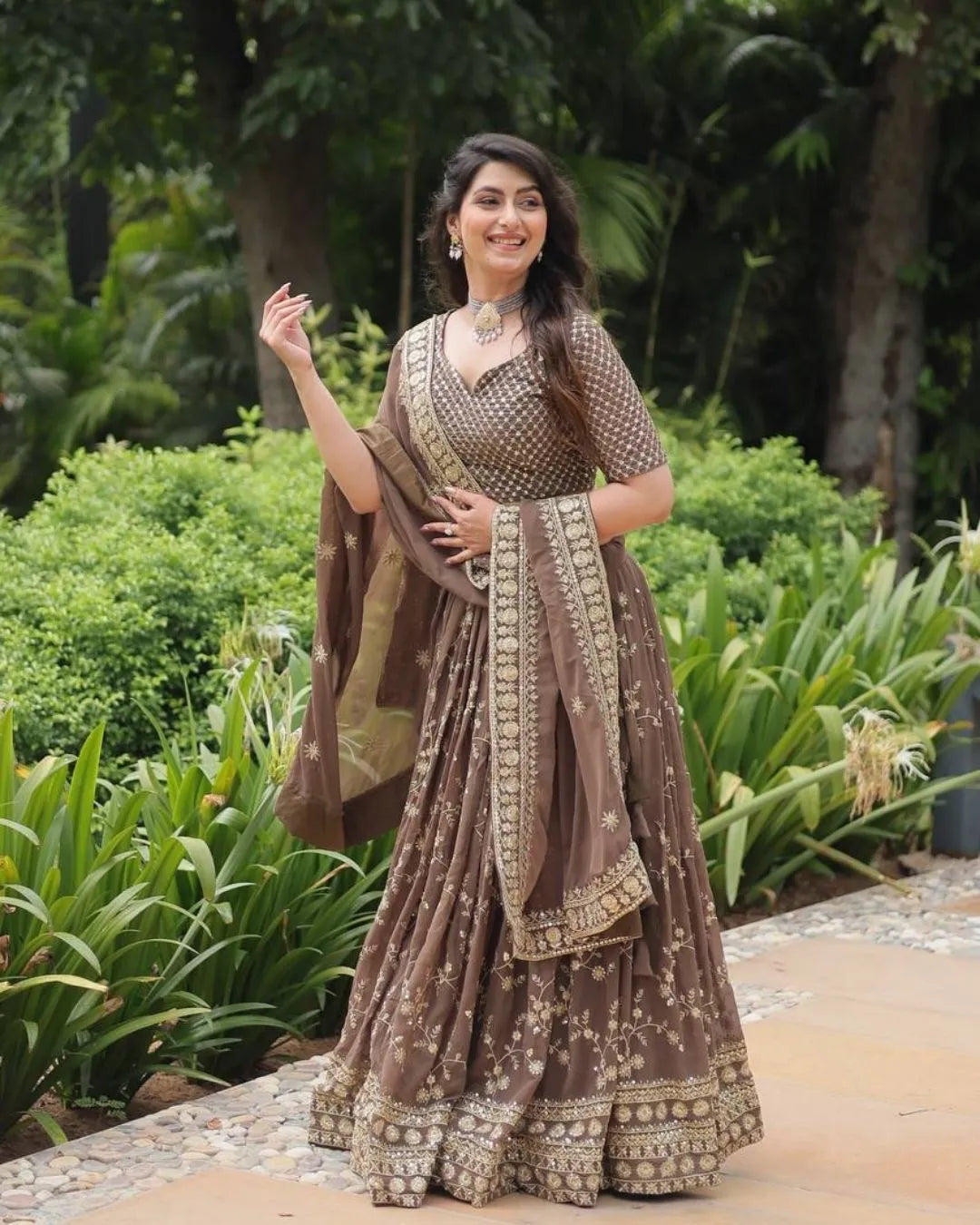 Coffee Brown Embroidered Lehenga Set with Mirror Work Dupatta