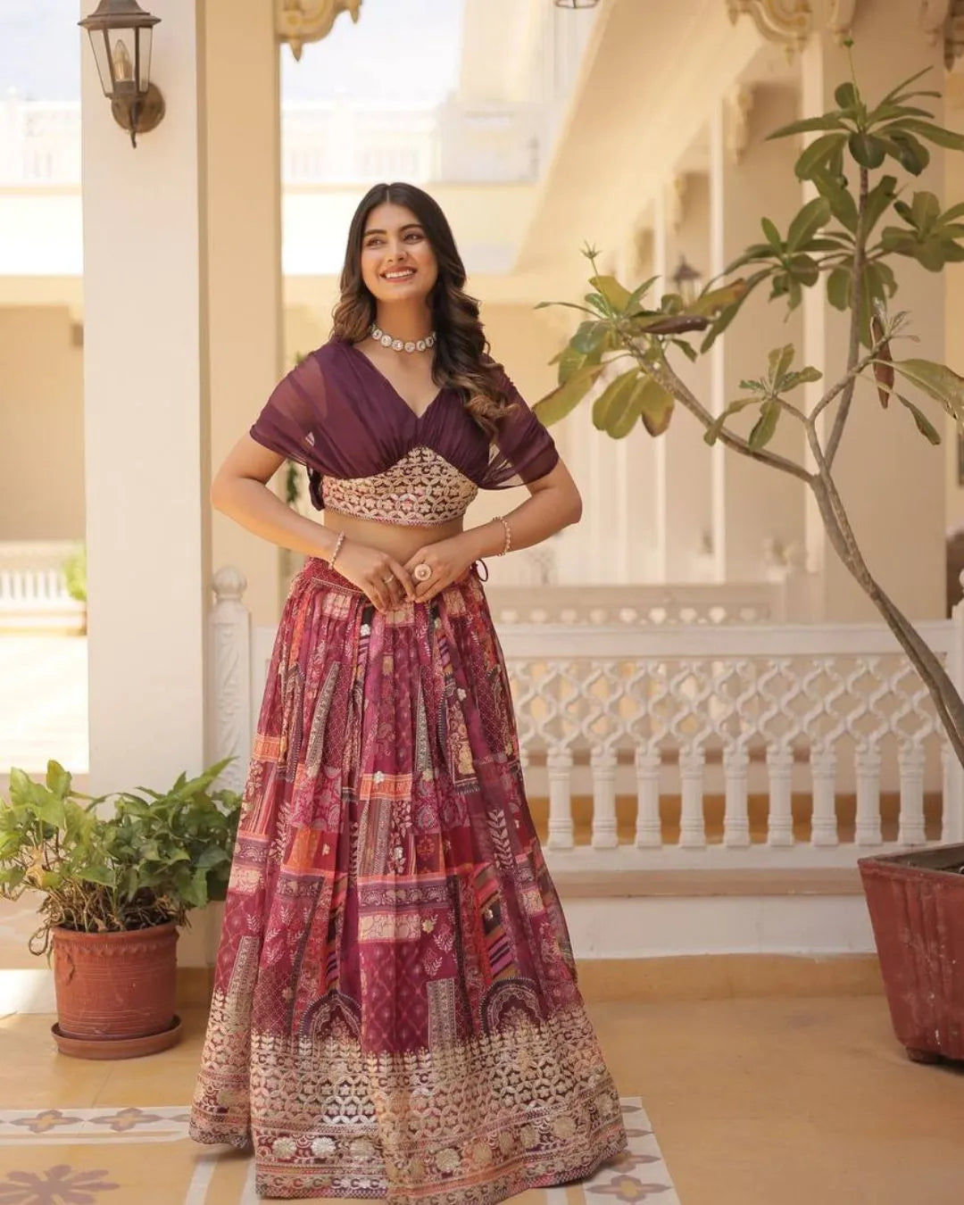 Multicolor Patchwork Printed Lehenga Set with Draped Blouse