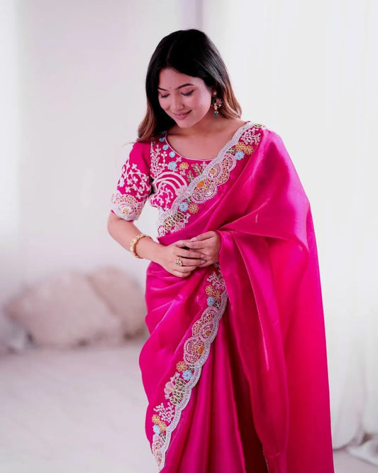 Elegant Fuchsia Pink Embroidered Silk Saree with Designer Blouse