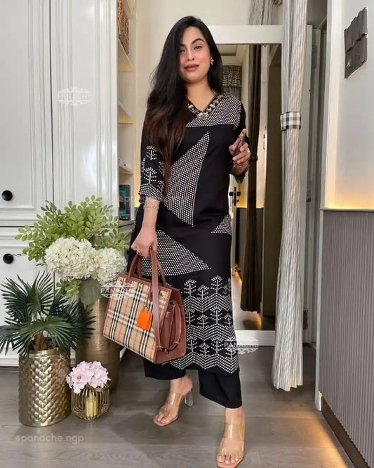 Geometric Black Cotton Kurti With Pant Set