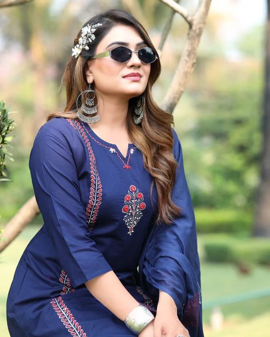 Navy Blue Mirror Work Cotton Kurta Pant Dupatta Set