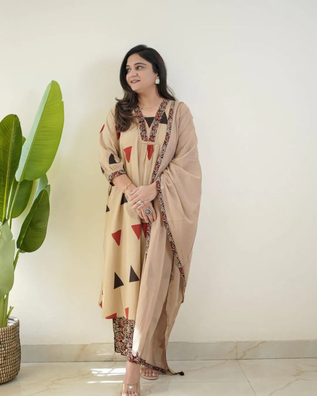 Beige Jaipuri Cotton A-Line Suit with Ajrakh Print Pants