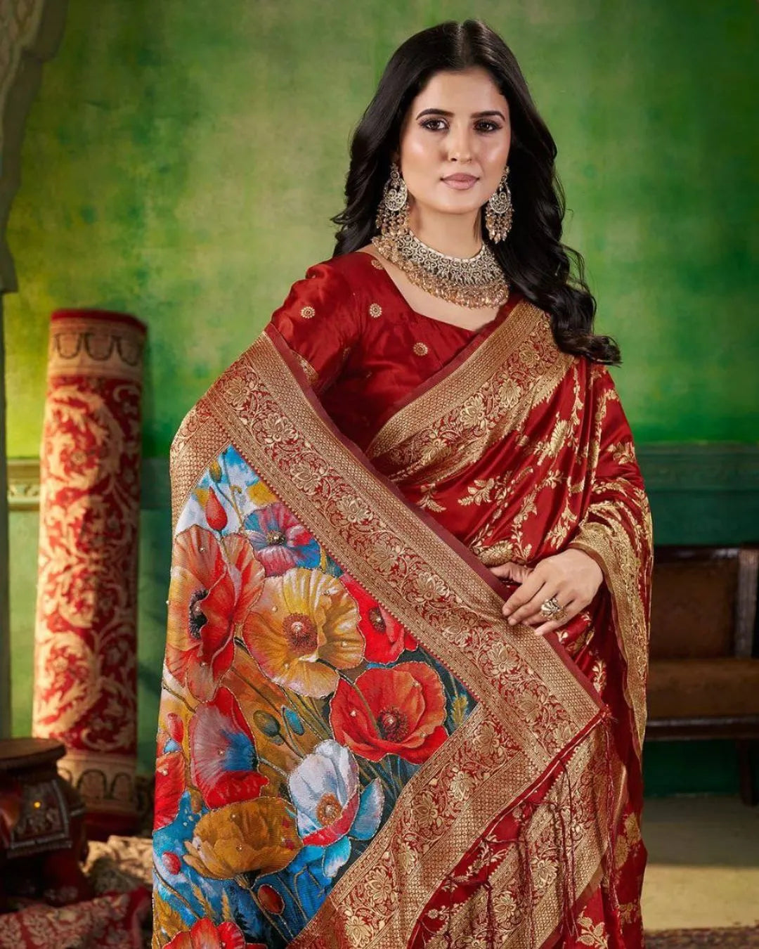 Royal Maroon Banarasi Silk Saree with Floral Pallu & Zari Embroidery