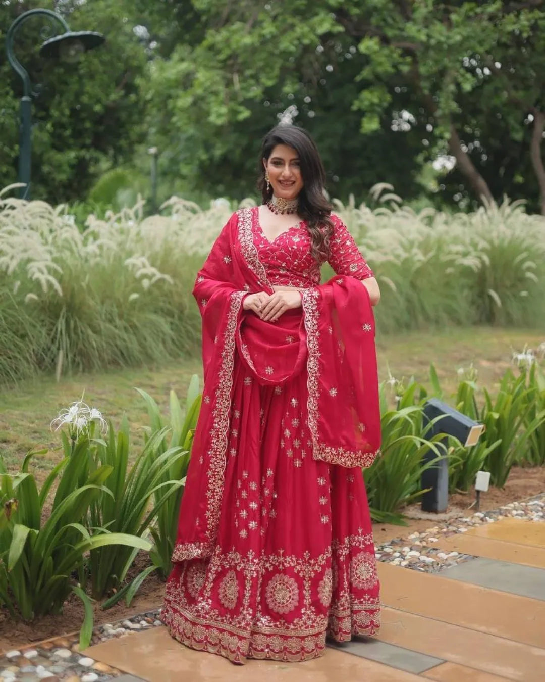 Cherry Red Embroidered Georgette Lehenga Set with Mirror and Zari Work