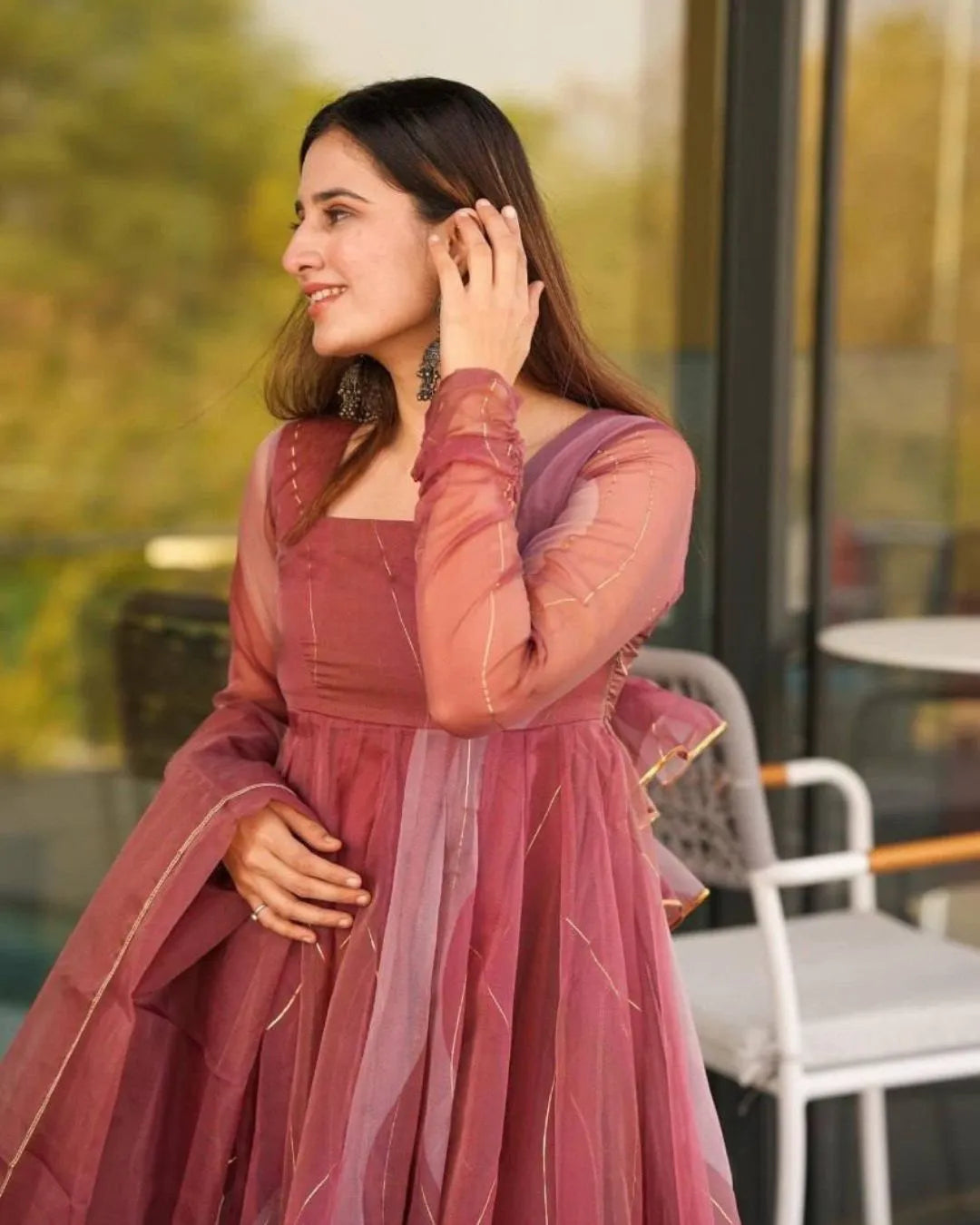 Organza Anarkali Suit Dress with Dupatta & Palazzo Pants Front