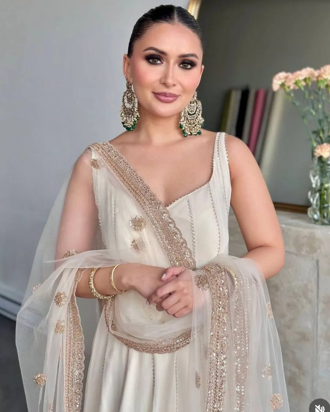 Ivory Gold Embellished Anarkali Gown with Net Dupatta