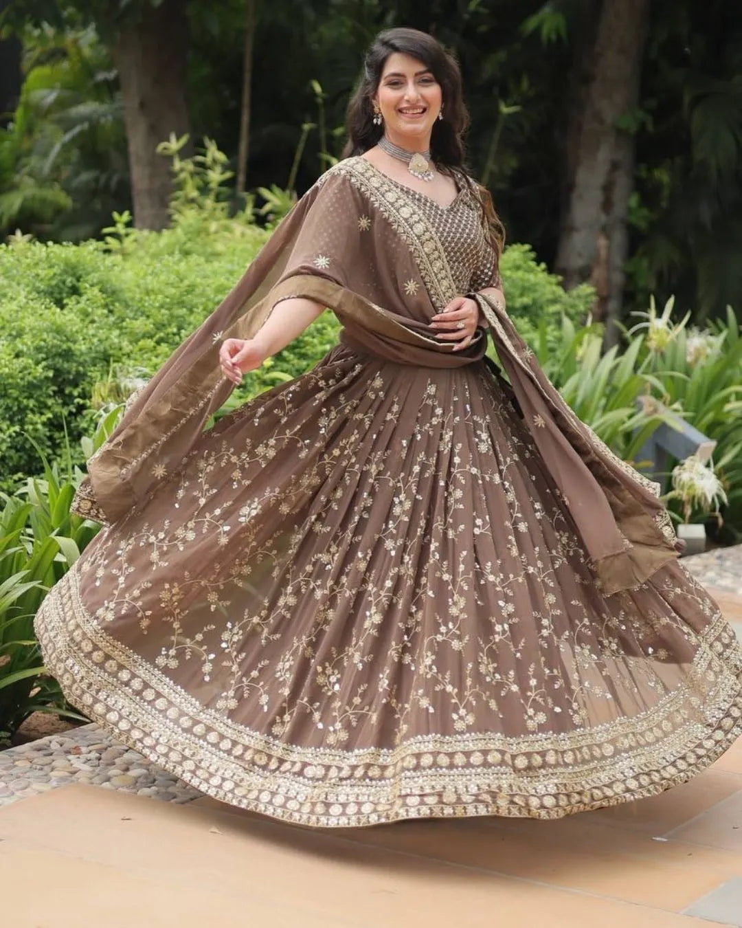 Coffee Brown Embroidered Lehenga Set with Mirror Work Dupatta