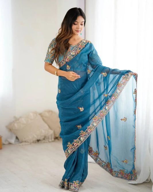 Elegant Teal Blue Organza Saree with Floral Embroidery and Designer Blouse