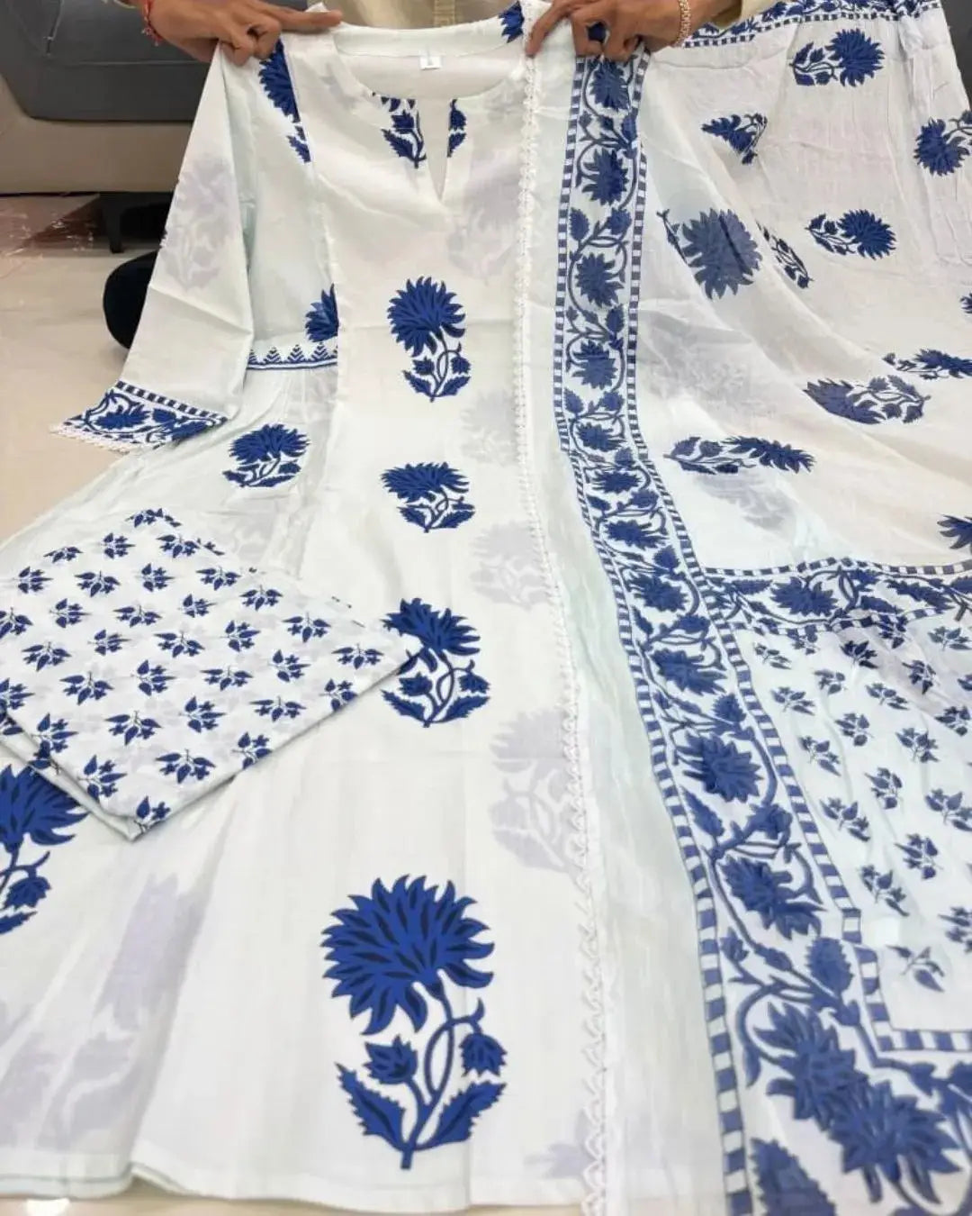 Off-White & Indigo Jaipuri TAJ Cotton Suit Set
