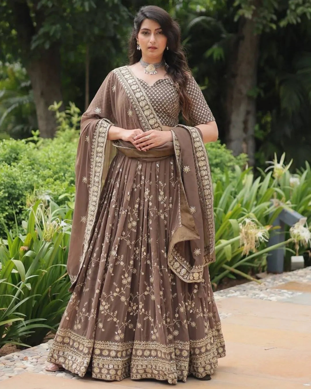 Coffee Brown Embroidered Lehenga Set with Mirror Work Dupatta