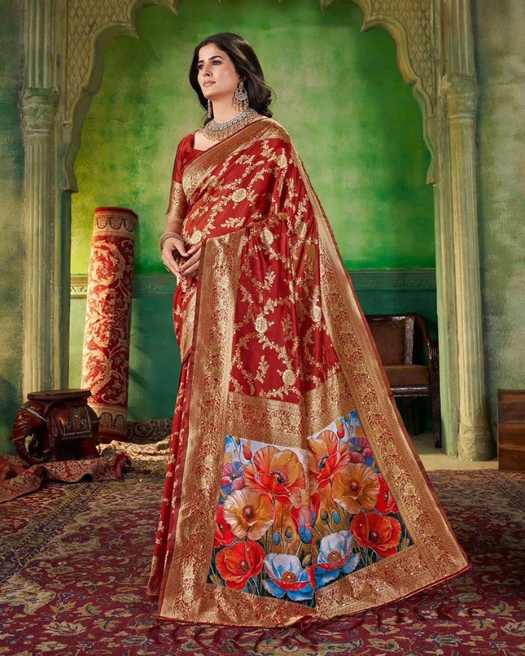 Royal Maroon Banarasi Silk Saree with Floral Pallu & Zari Embroidery