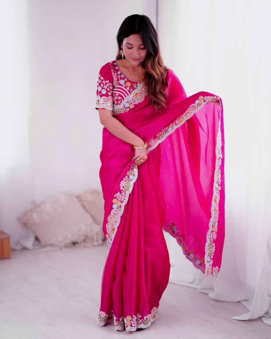 Elegant Fuchsia Pink Embroidered Silk Saree with Designer Blouse