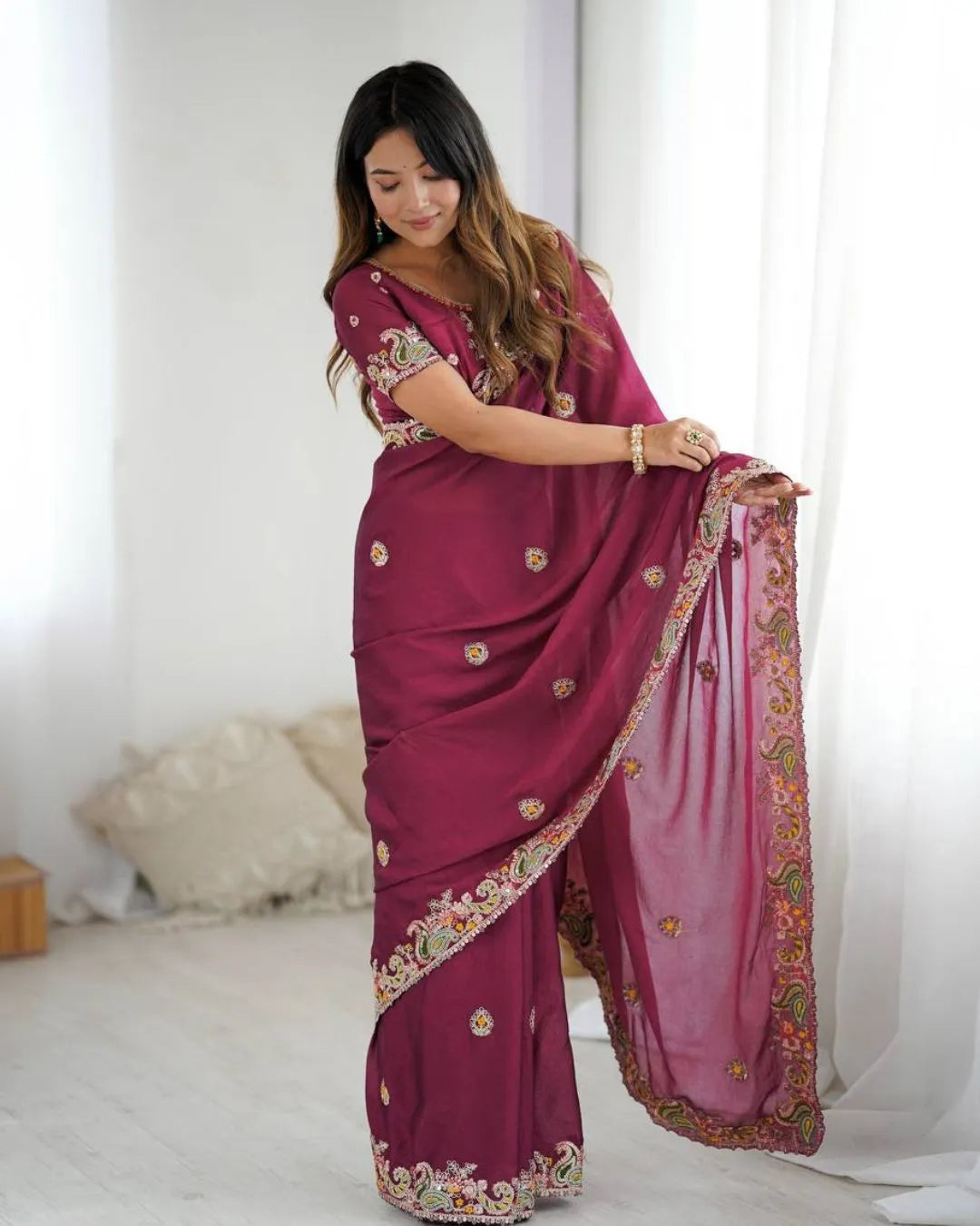 Graceful Maroon Georgette Saree with Intricate Embroidery and Designer Blouse