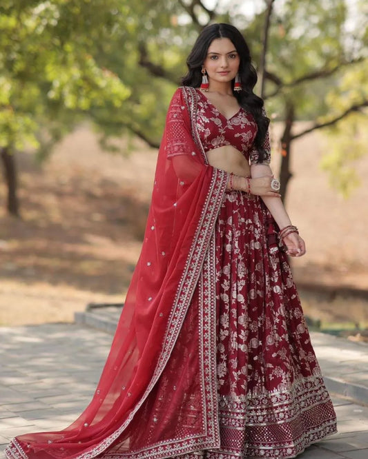 Maroon Floral Embroidered Lehenga Set with Net Dupatta