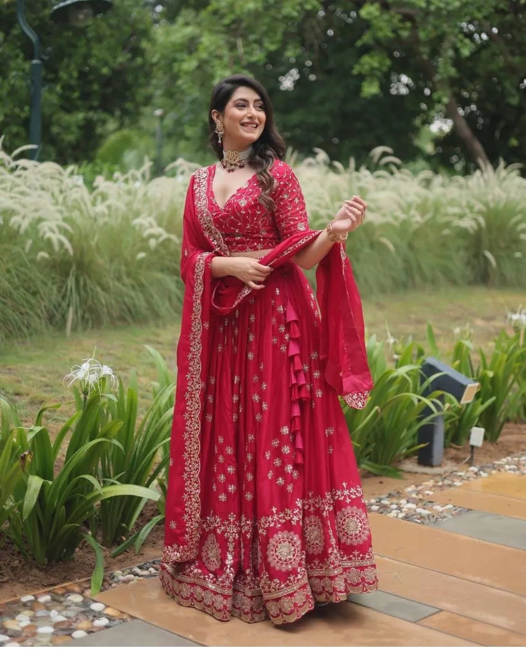 Cherry Red Embroidered Georgette Lehenga Set with Mirror and Zari Work