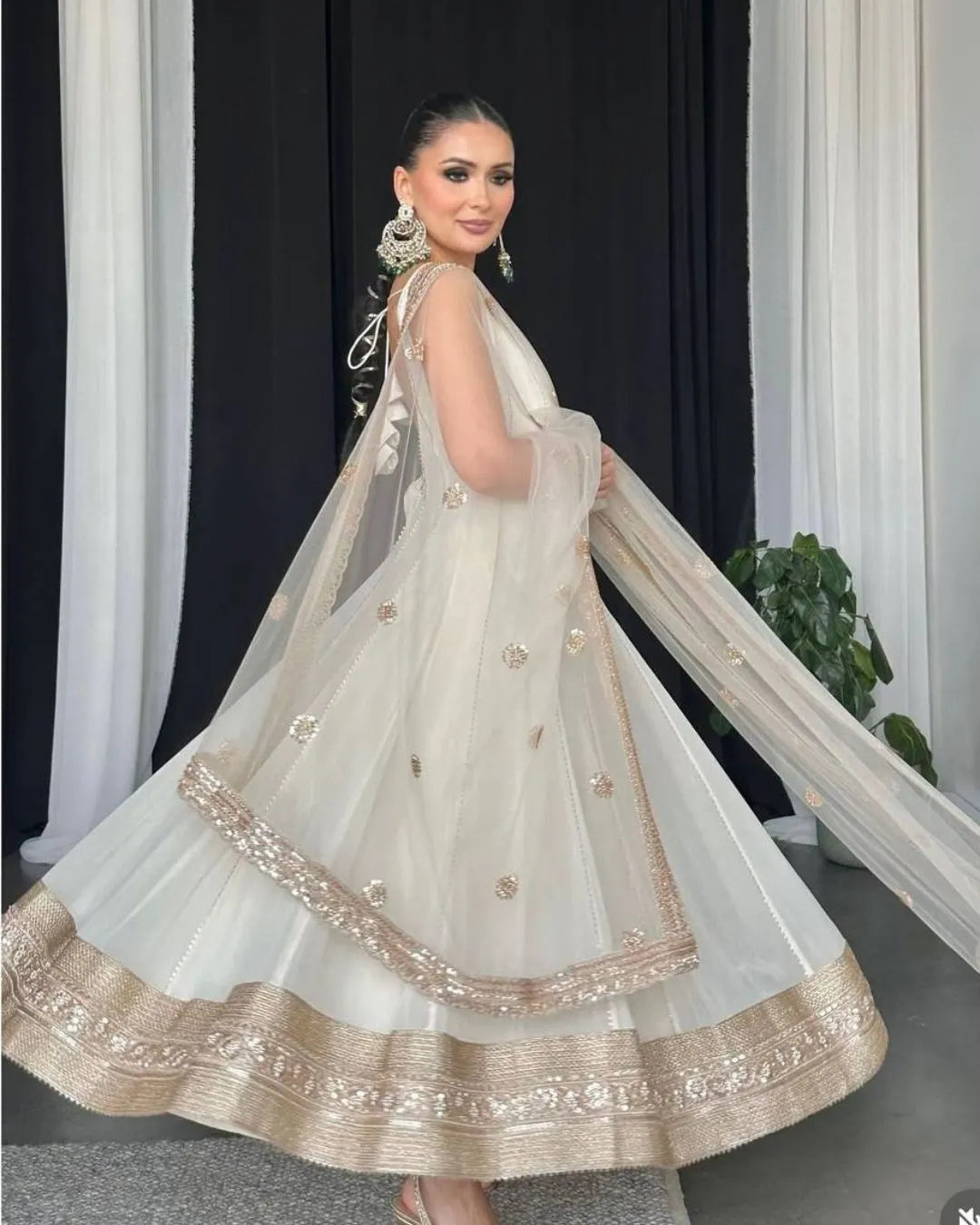 Ivory Gold Embellished Anarkali Gown with Net Dupatta