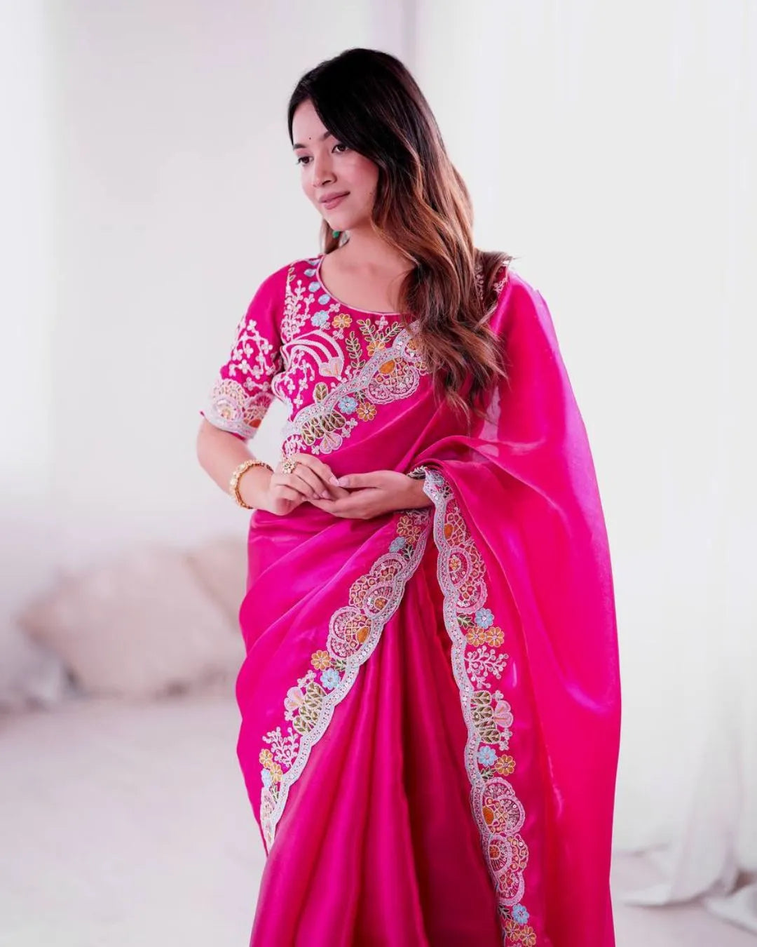 Elegant Fuchsia Pink Embroidered Silk Saree with Designer Blouse