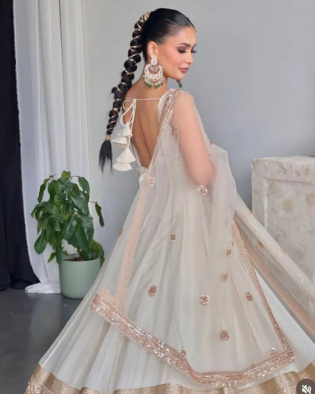 Ivory Gold Embellished Anarkali Gown with Net Dupatta