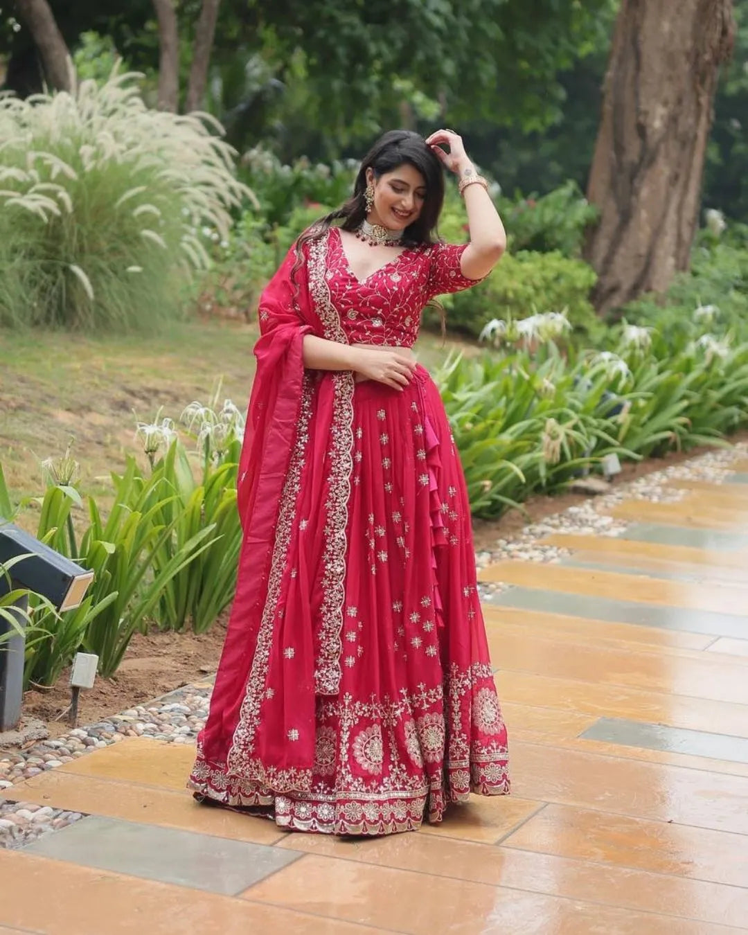 Cherry Red Embroidered Georgette Lehenga Set with Mirror and Zari Work