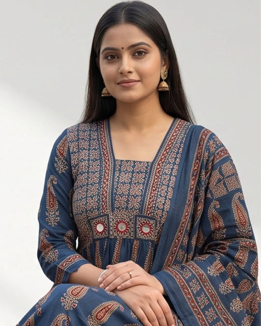 Cotton A-Line Blue Colour Bagru Print Suits With Mirror WorK