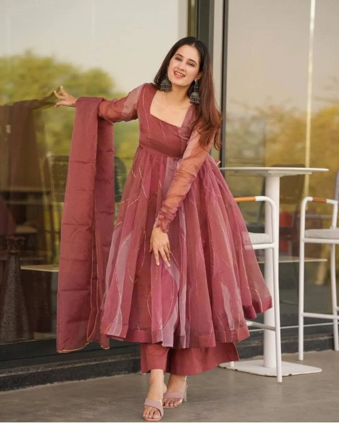 Organza Anarkali Suit Dress with Dupatta & Palazzo Pants