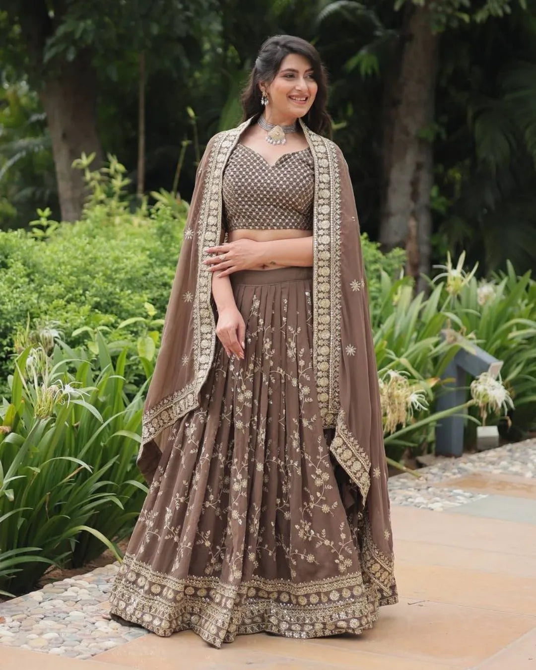 Coffee Brown Embroidered Lehenga Set with Mirror Work Dupatta