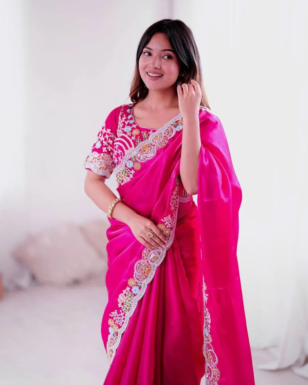Elegant Fuchsia Pink Embroidered Silk Saree with Designer Blouse