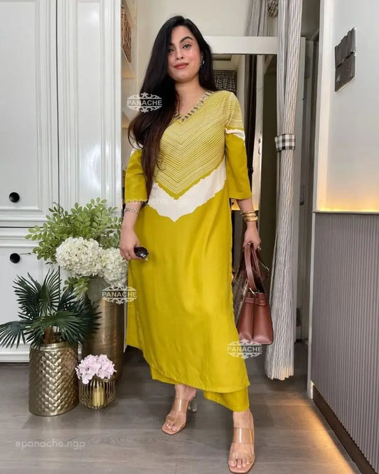 Mustard Yellow Geometric Cotton Kurti With Pant