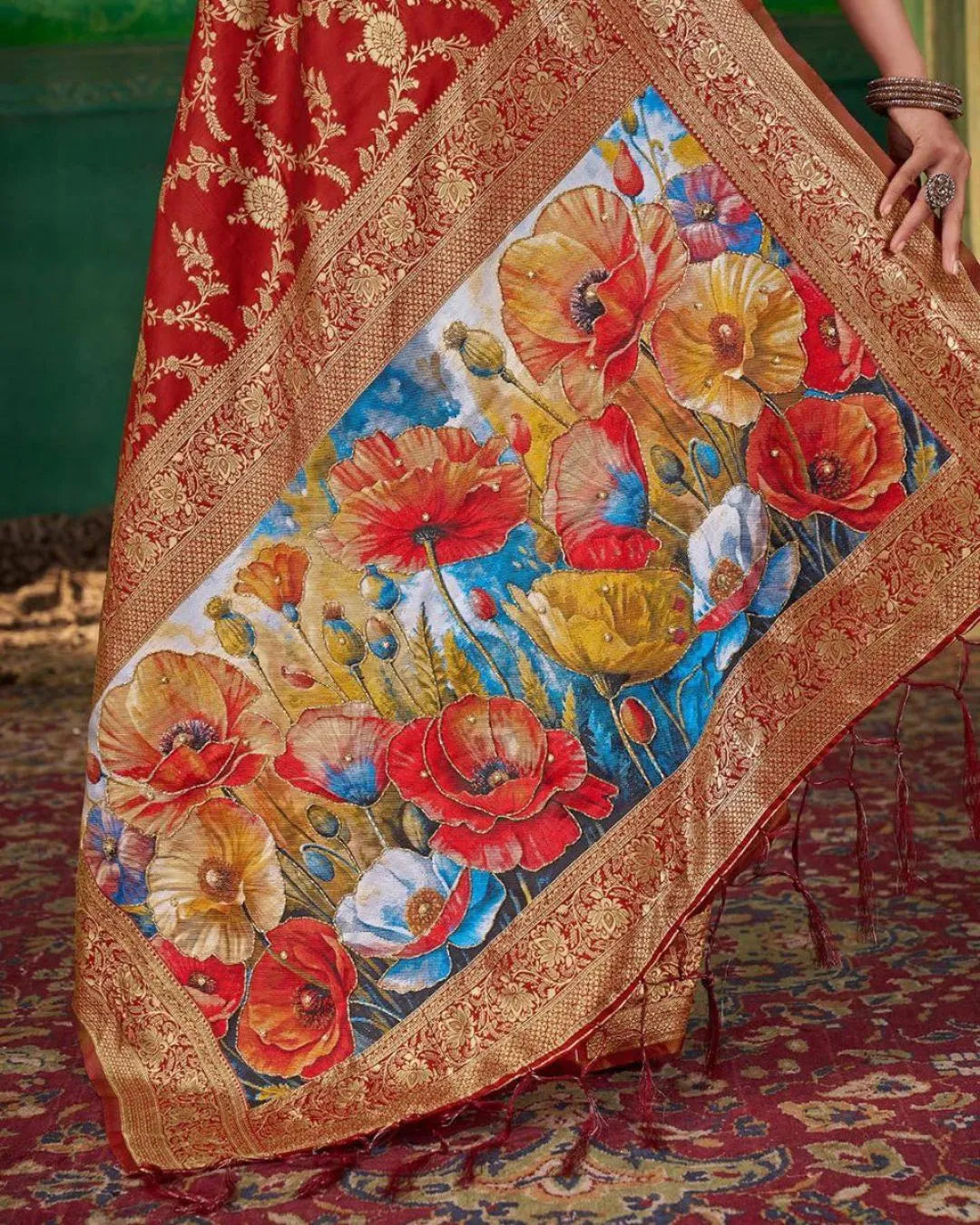 Royal Maroon Banarasi Silk Saree with Floral Pallu & Zari Embroidery