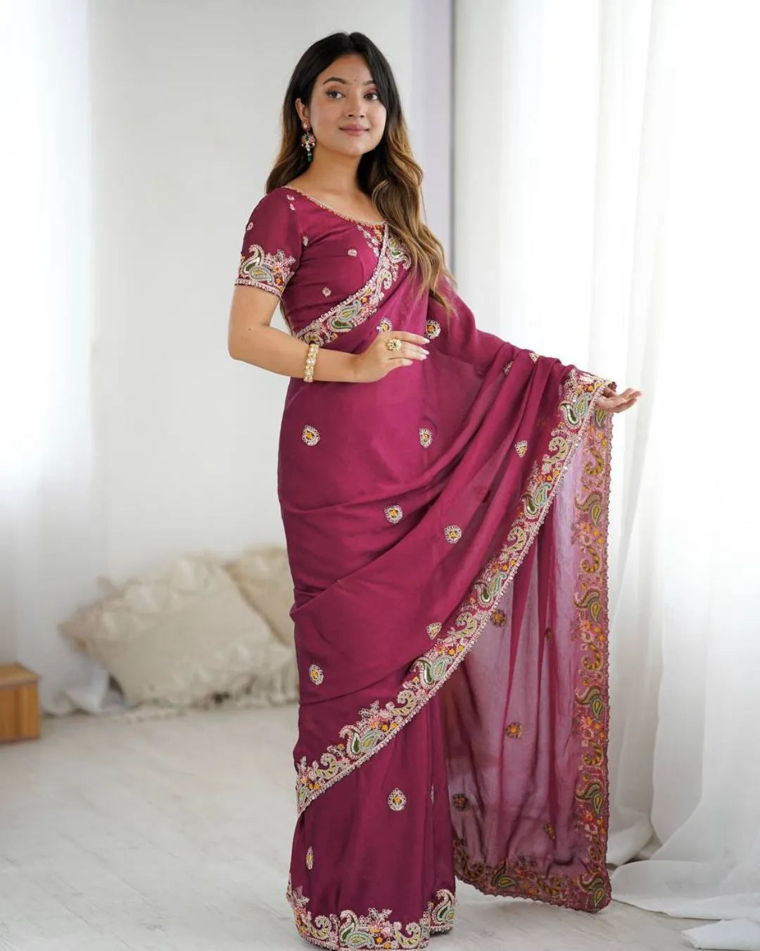 Graceful Maroon Georgette Saree with Intricate Embroidery and Designer Blouse