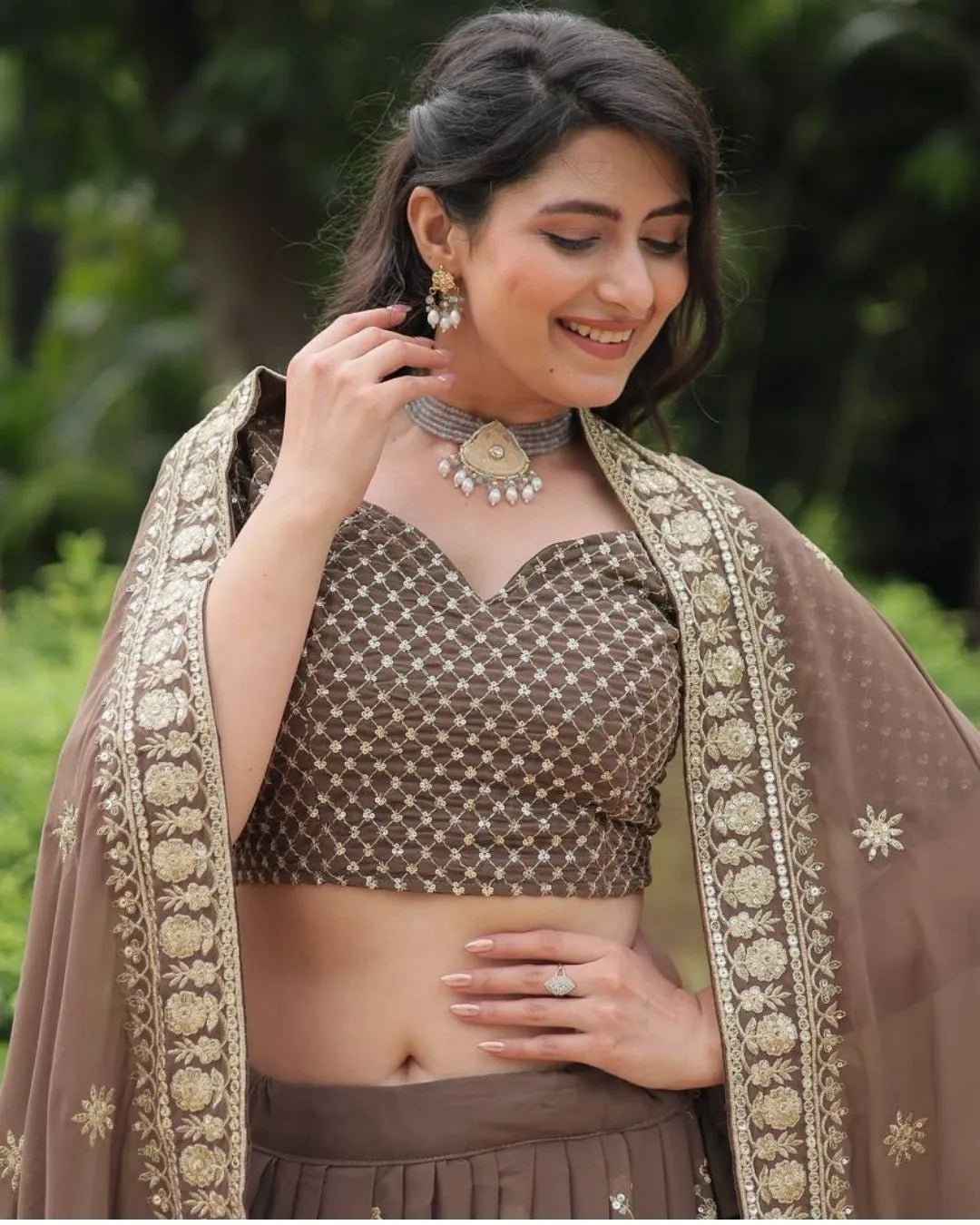 Coffee Brown Embroidered Lehenga Set with Mirror Work Dupatta