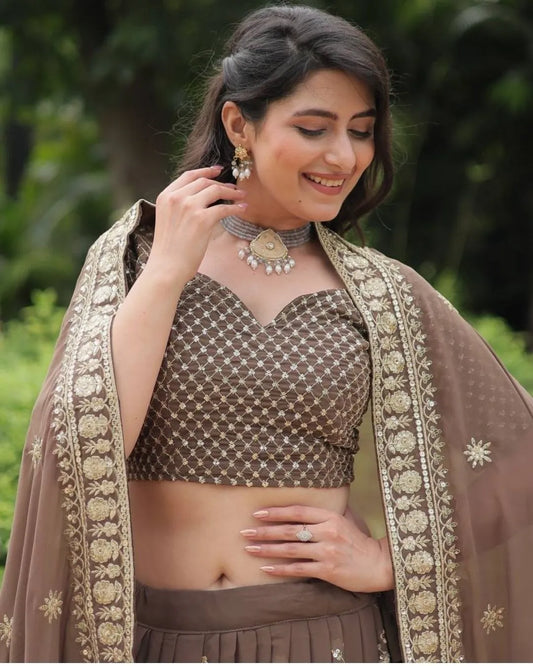 Brown Faux Blooming Lehenga with Sequin Embroidery