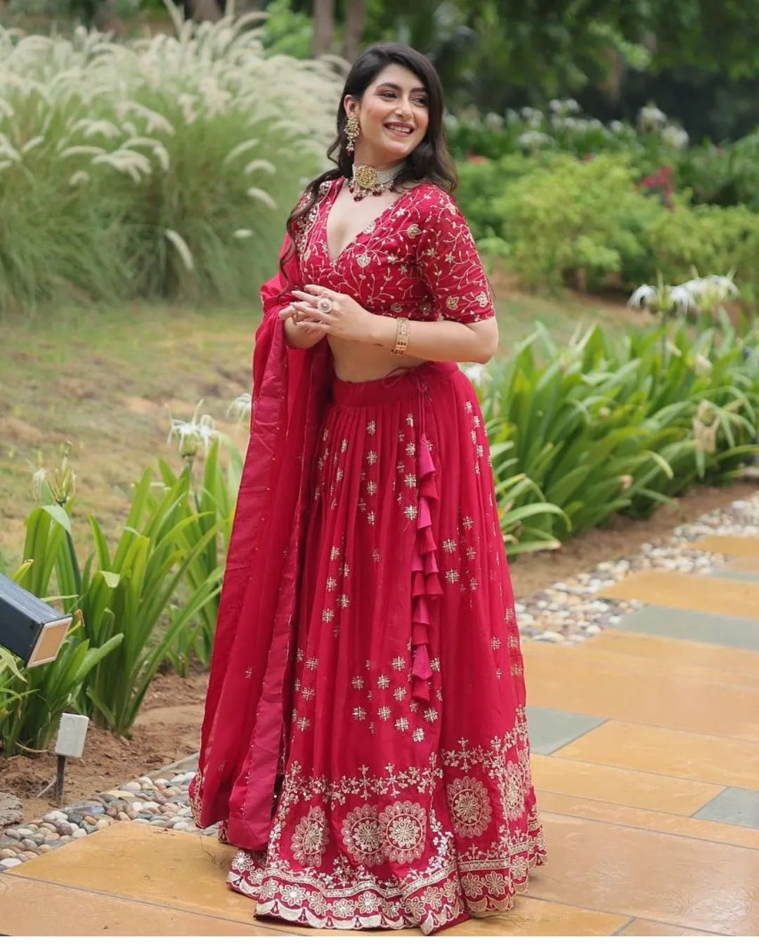 Cherry Red Embroidered Georgette Lehenga Set with Mirror and Zari Work