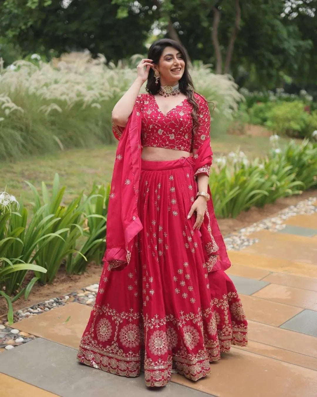Cherry Red Embroidered Georgette Lehenga Set with Mirror and Zari Work