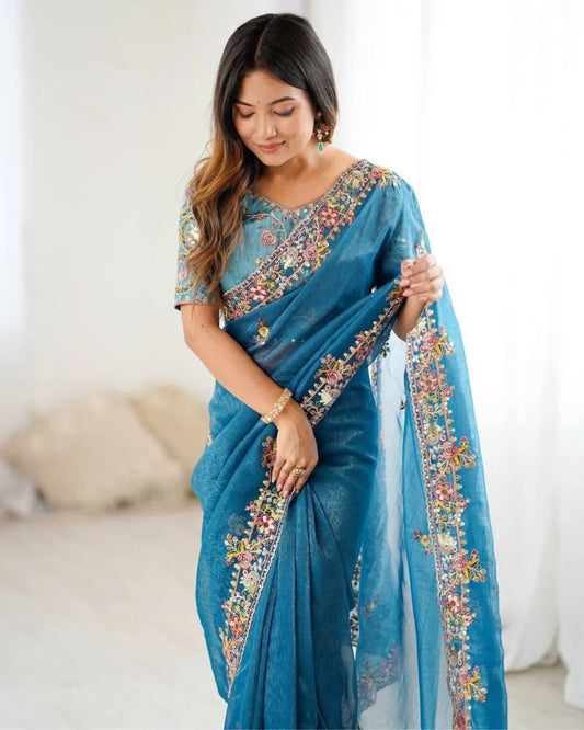 Elegant Teal Blue Organza Saree with Floral Embroidery and Designer Blouse