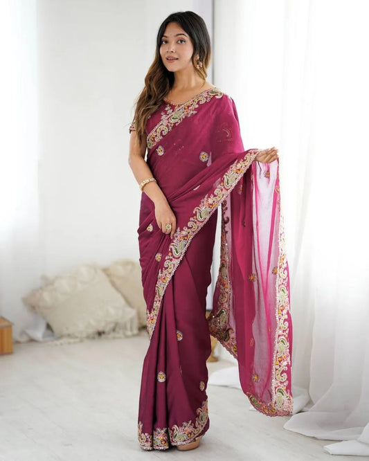 Graceful Maroon Georgette Saree with Intricate Embroidery and Designer Blouse