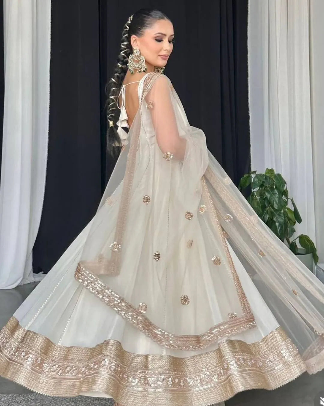 Ivory Gold Embellished Anarkali Gown with Net Dupatta