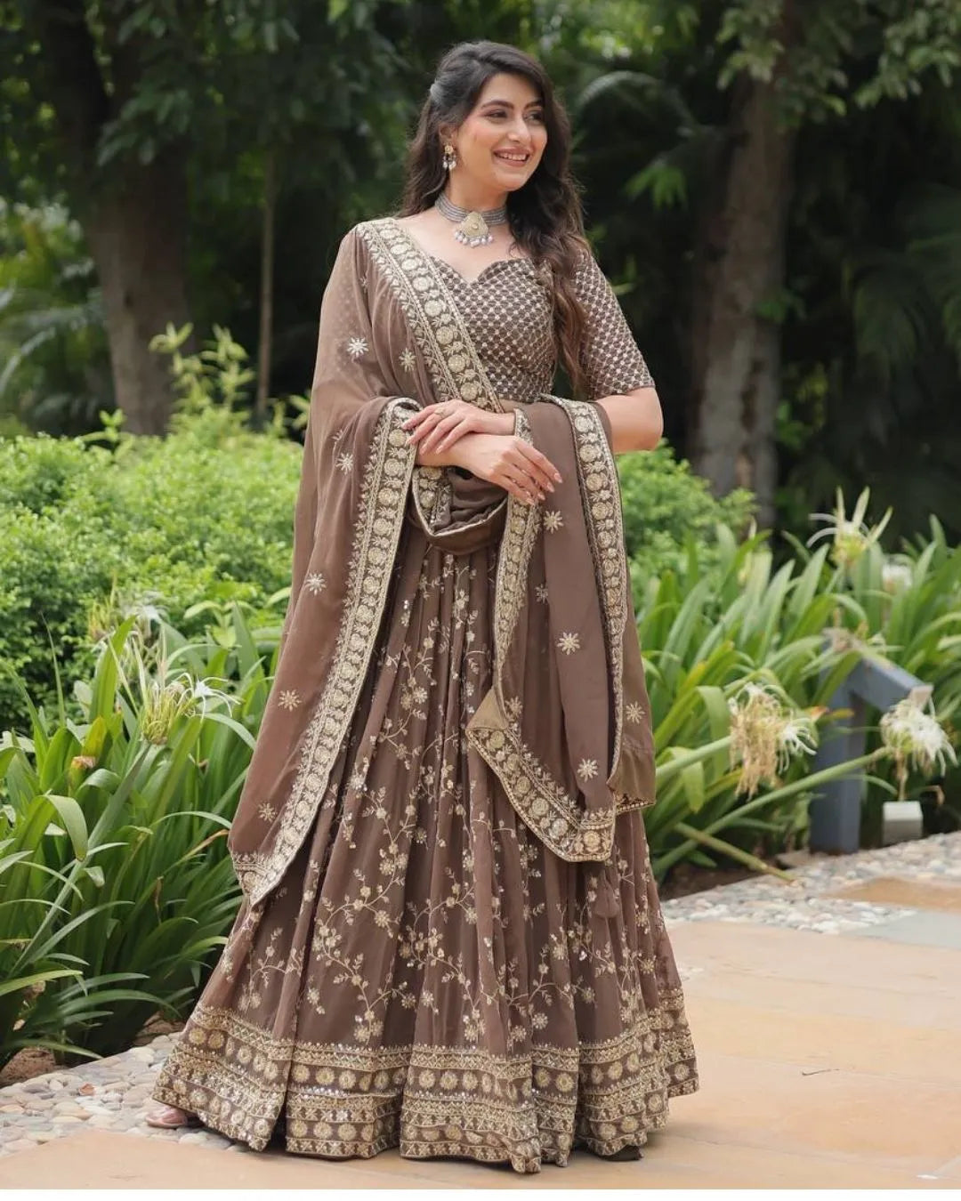 Coffee Brown Embroidered Lehenga Set with Mirror Work Dupatta