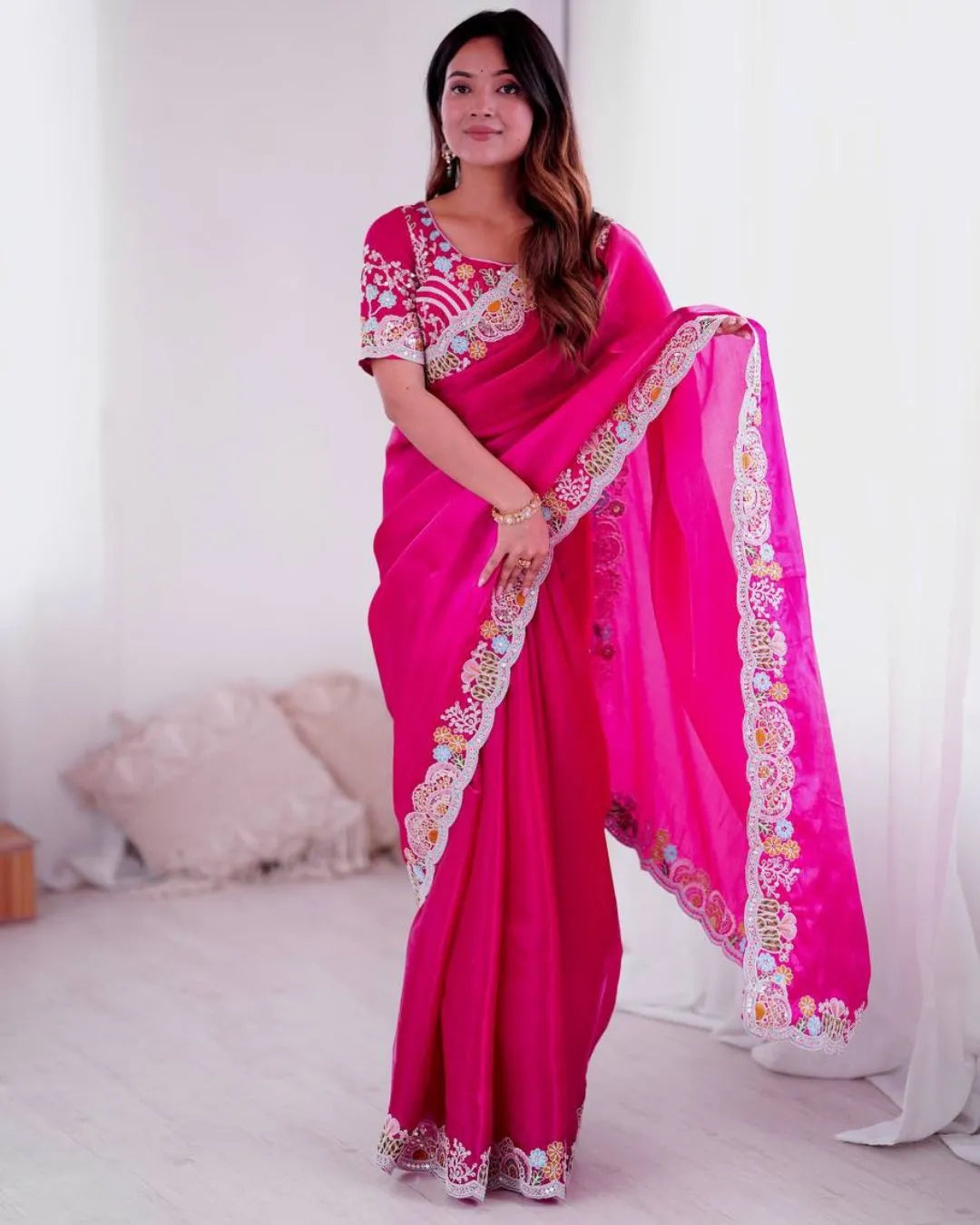 Elegant Fuchsia Pink Embroidered Silk Saree with Designer Blouse