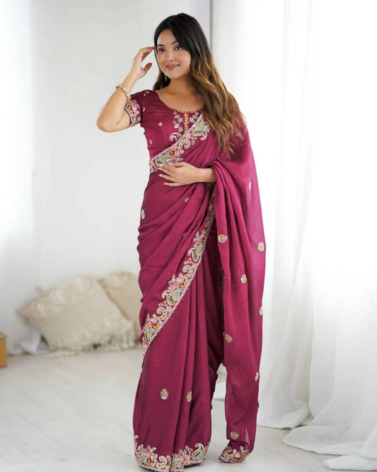 Graceful Maroon Georgette Saree with Intricate Embroidery and Designer Blouse