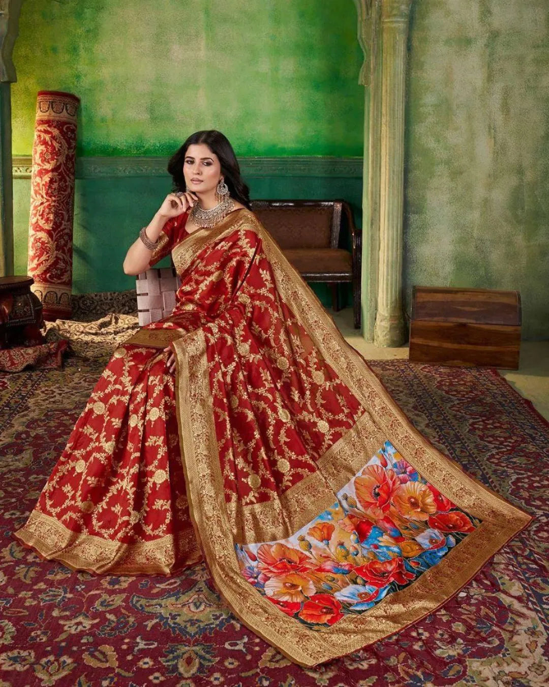 Royal Maroon Banarasi Silk Saree with Floral Pallu & Zari Embroidery