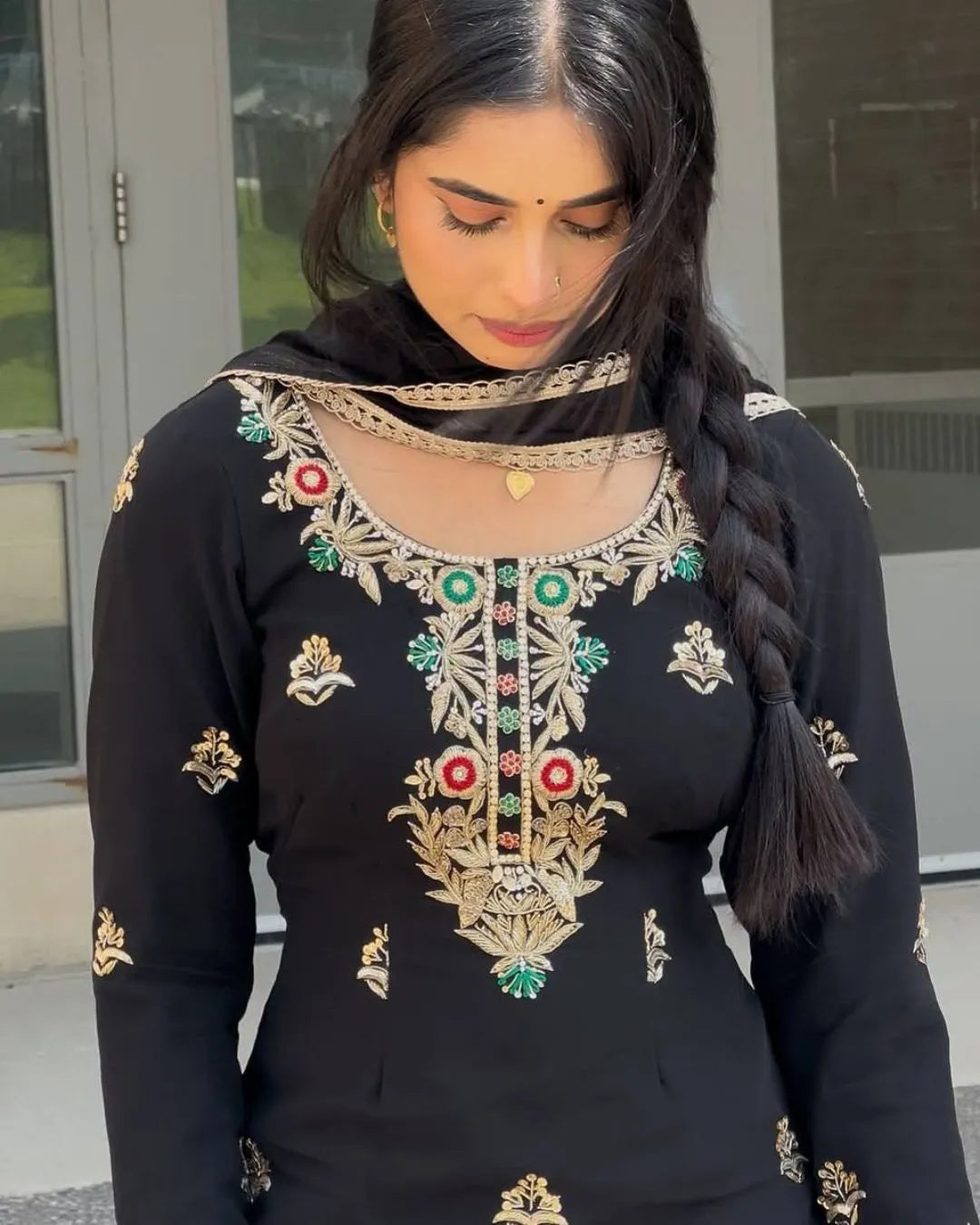 Black Chinon Sharara Suit Front
