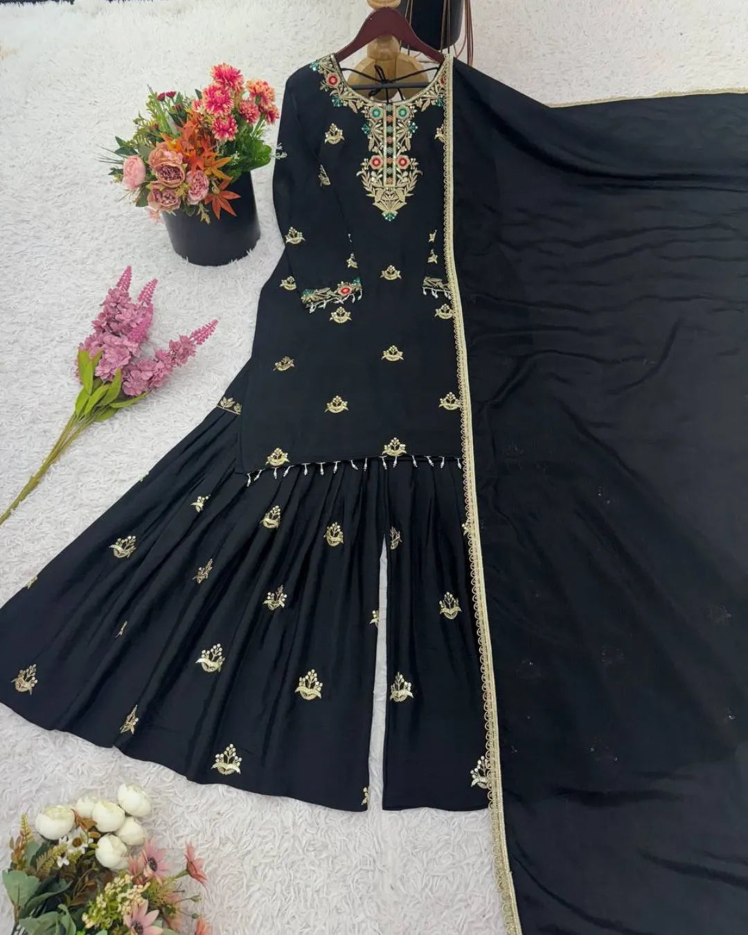 Black Chinon Sharara Suit