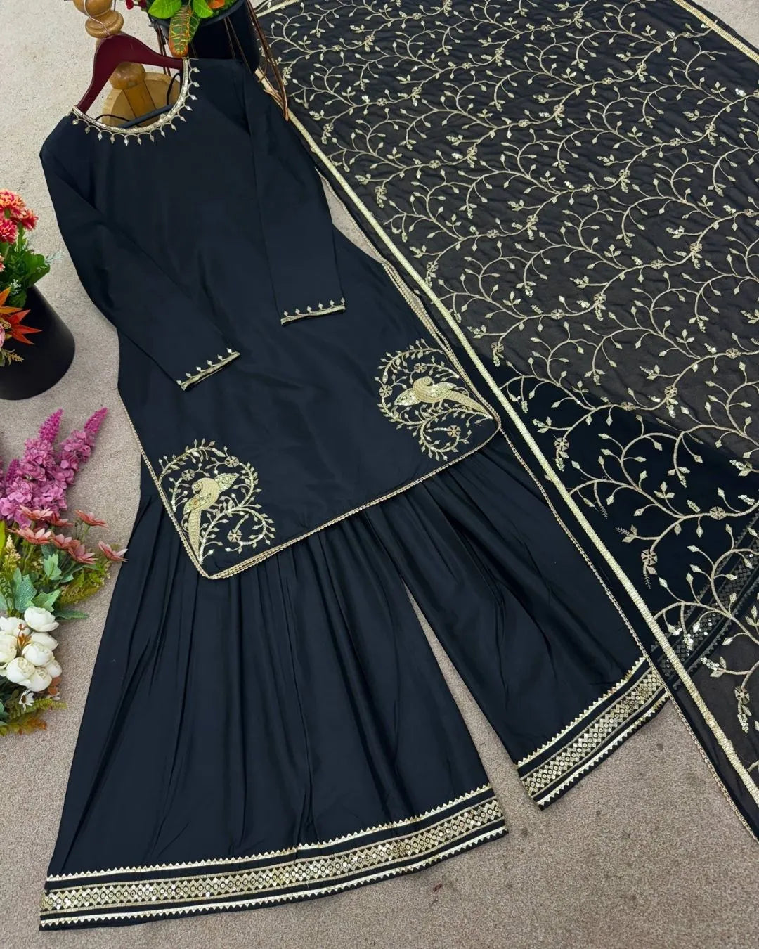 Black sharara dress with gold embroidery